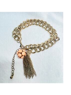 Vintage 1970s Double‑Chain Gold Tone Bracelet with Faceted Peach Acrylic Charm